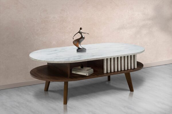 Oval coffee table with a marble top